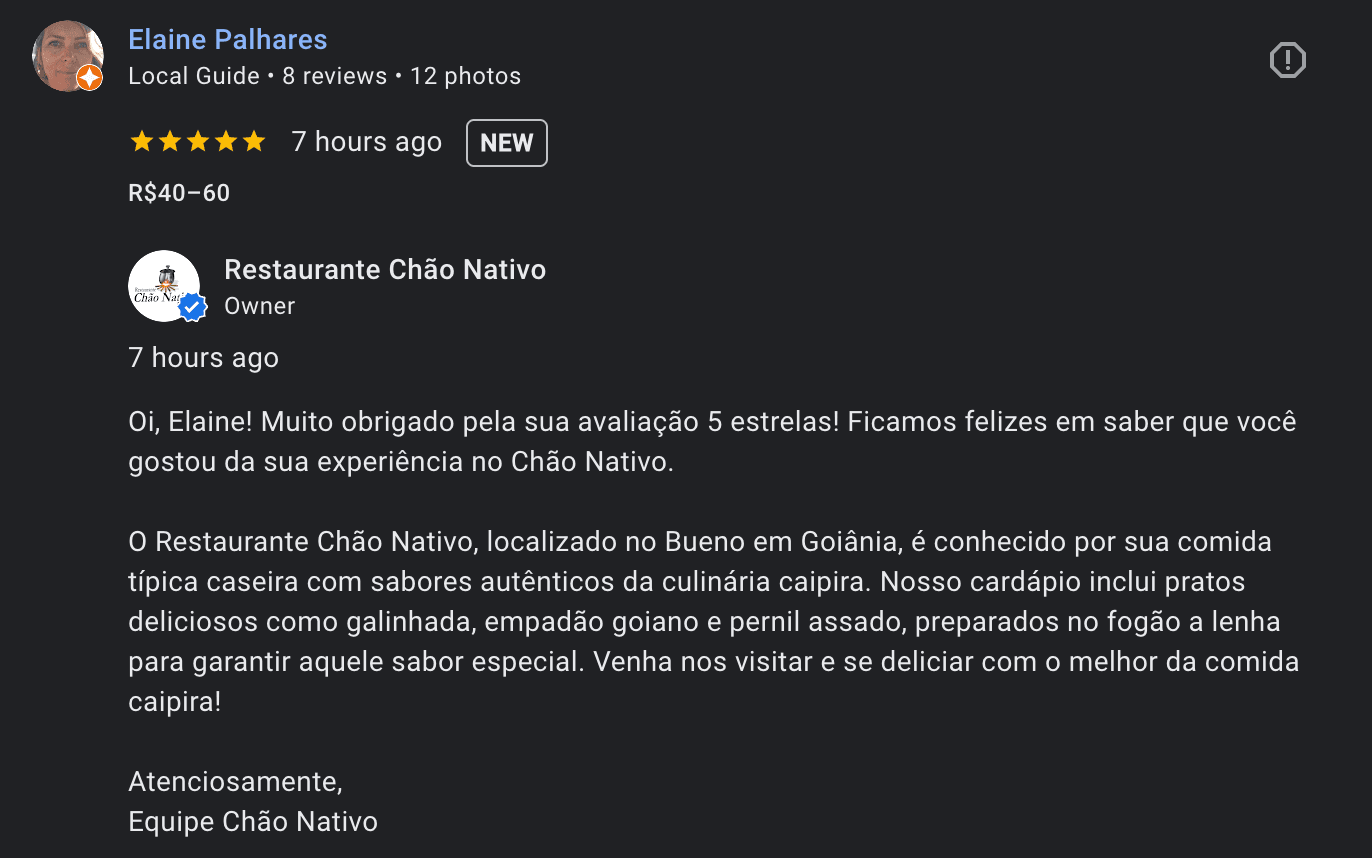 Exemplo real de reputacao online ativa com resposta automatica de avaliacao no perfil da empresa no Google