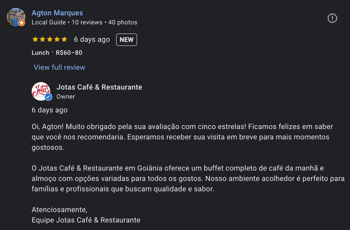Resultado de empresa com avaliacao de cliente respondida pela ferramenta Review Pro no Google