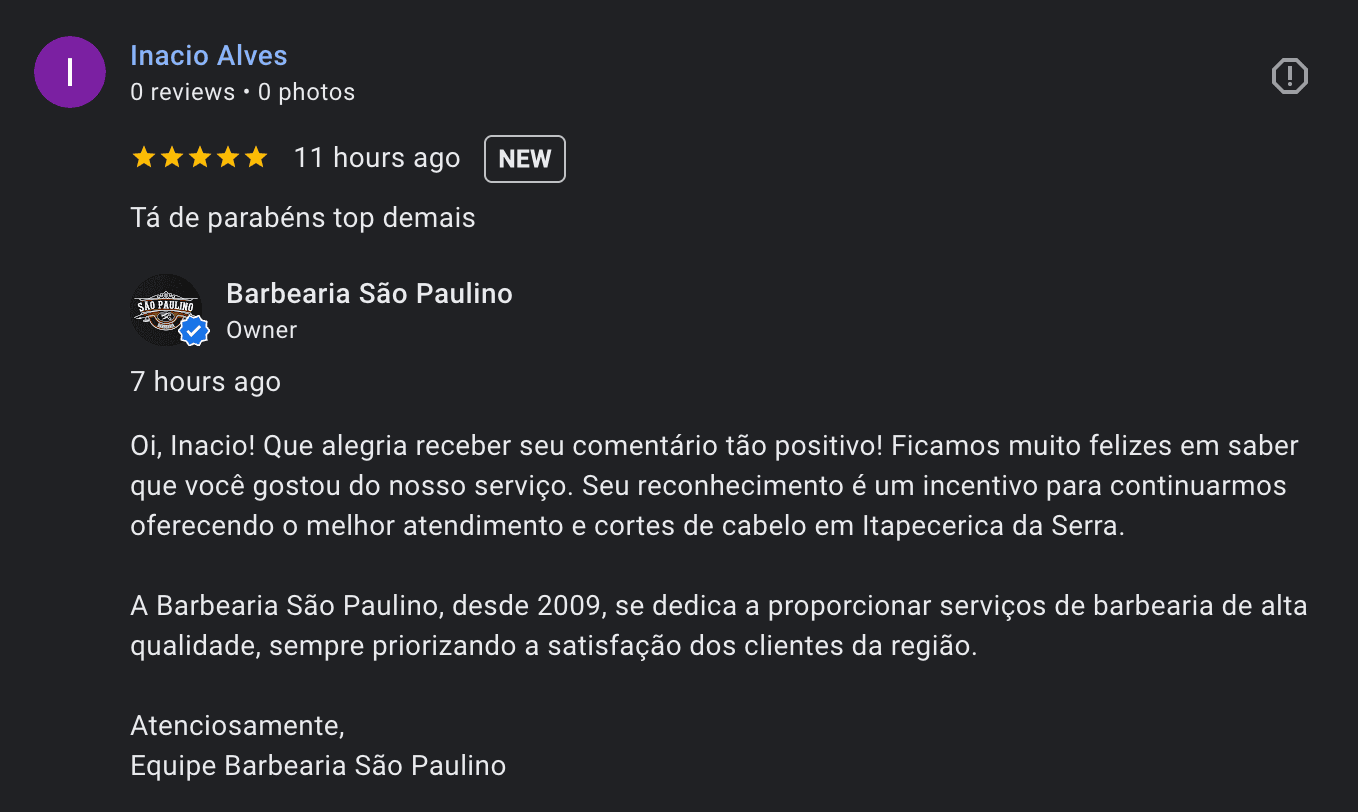 Case de uso da Review Pro com avaliacao respondida no Google e maior confianca para novos clientes
