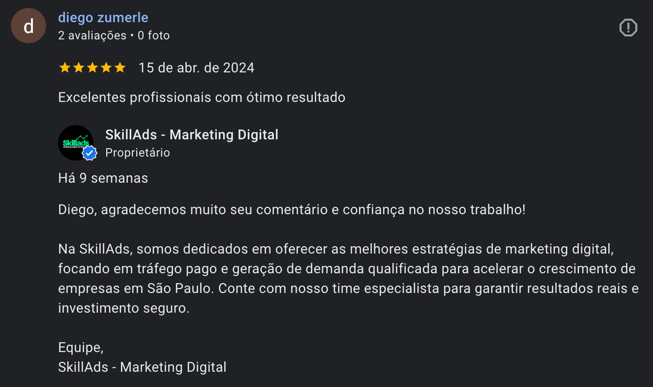 Case de reputacao digital com comentario de cliente e resposta automatizada no perfil comercial do Google