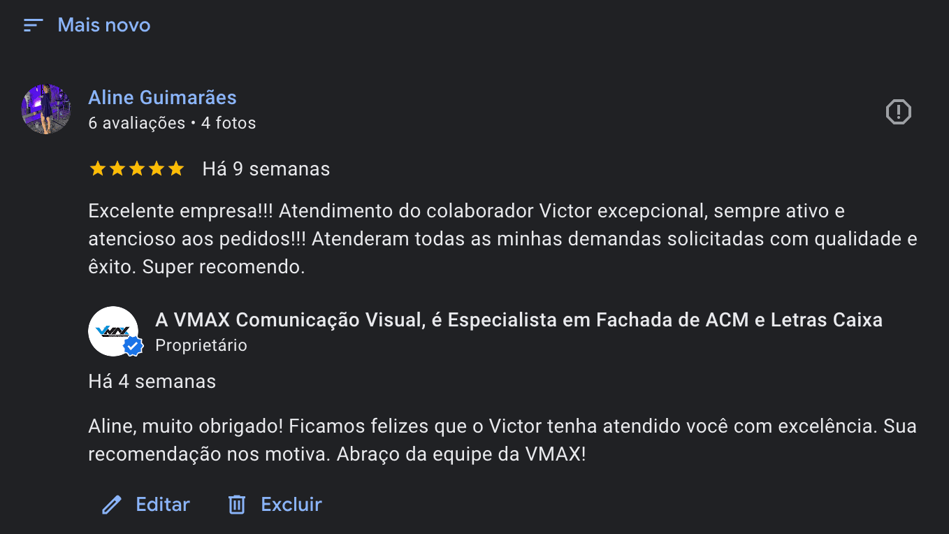 Prova social de empresa com avaliacao no Google respondida automaticamente pela plataforma Review Pro
