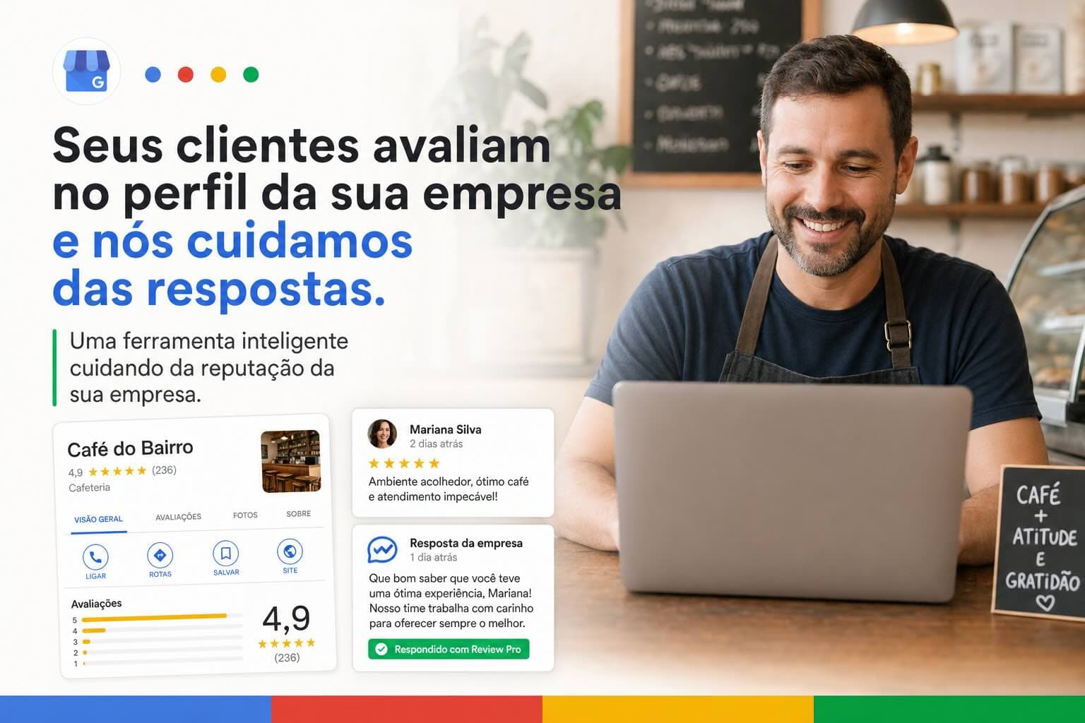 Seus clientes avaliam no Google. A Review Pro responde por você.